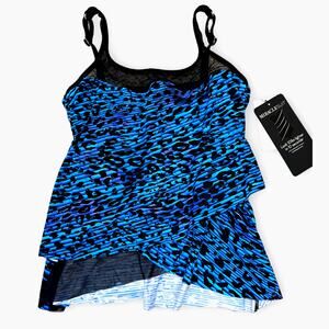 Miraclesuit Purrfection Layered Tankini Swim Top w/ Mesh | Sz 8, Blue Black
